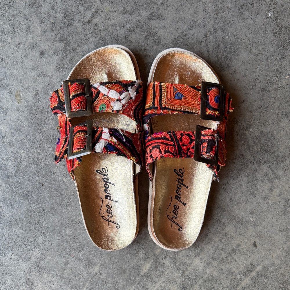Free People Colorful Embroidered Double-Buckle Slide Sandals